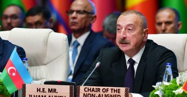Azerbaijani President Ilham Aliyev speaks at a meeting of the Non-Aligned Movement, Baku, Azerbaijan, July 5, 2023. (IHA Photo)