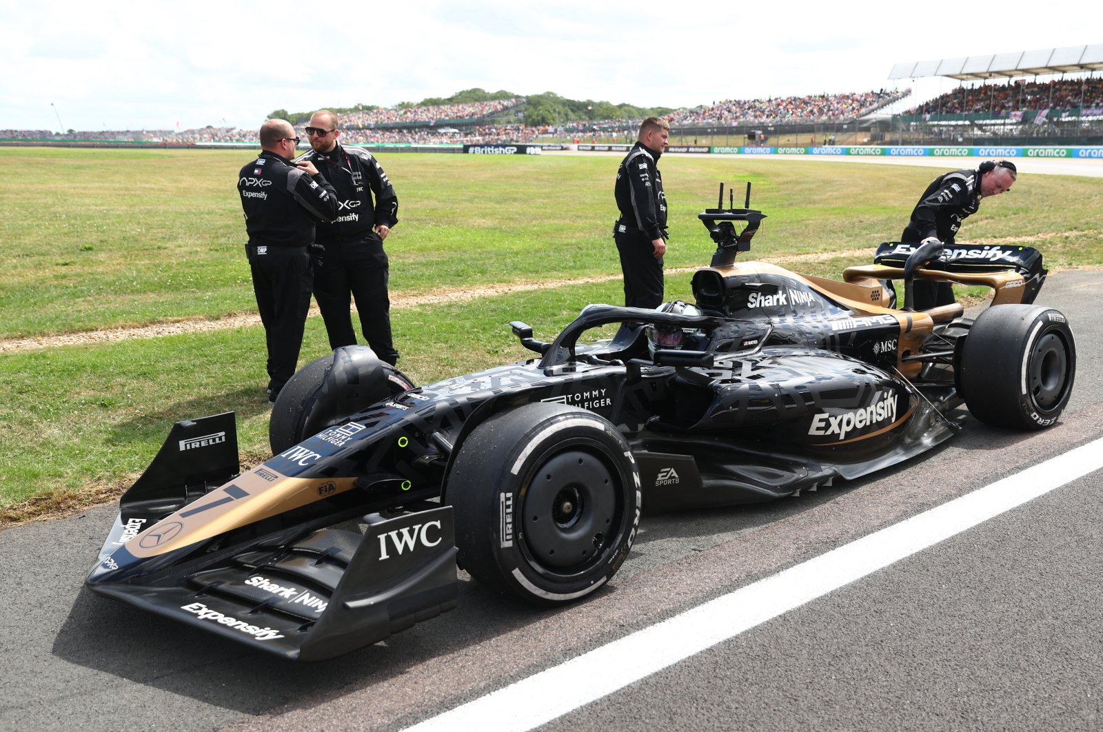 The car of the fictional Apex team for a Formula One-inspired movie featuring Brad Pitt is pictured before the start of the race at Silverstone Circuit, Silverstone, U.K., July 9, 2023. (Reuters Photo)