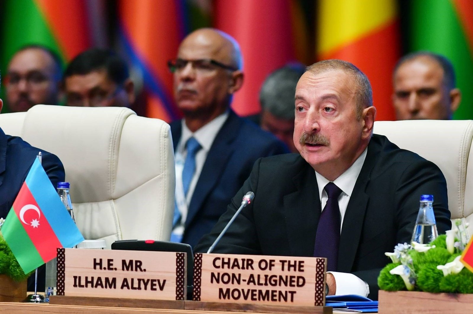 Azerbaijani President Ilham Aliyev speaks at a meeting of the Non-Aligned Movement, Baku, Azerbaijan, July 5, 2023. (IHA Photo)