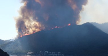 Smoke and flames rise from a forest fire in Marmaris district of Muğla, Türkiye, July 30, 2021. (Getty Images Photo)