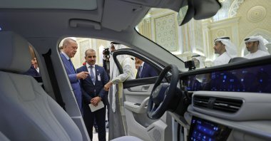 President Recep Tayyip Erdoğan gifts the first domestically produced electric car Togg to United Arab Emirates' (UAE) Mohamed bin Zayed Al Nahyan, Abu Dhabi, UAE, July 19, 2023. (AFP Photo)