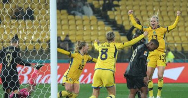 Sweden's defender Amanda Ilestedt (R) celebrates scoring her team's second goal with teammates during the Australia and New Zealand 2023 Women's World Cup Group G football match between Sweden and South Africa at Wellington Stadium, Wellington, New Zealand, July 23, 2023. (AFP Photo)