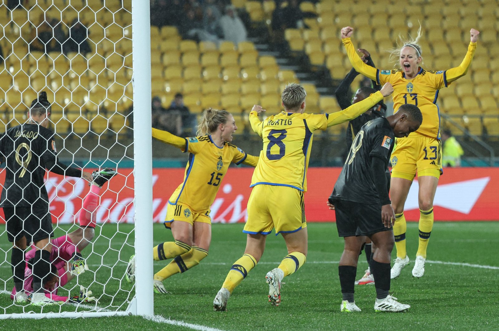 Sweden&#039;s defender Amanda Ilestedt (R) celebrates scoring her team&#039;s second goal with teammates during the Australia and New Zealand 2023 Women&#039;s World Cup Group G football match between Sweden and South Africa at Wellington Stadium, Wellington, New Zealand, July 23, 2023. (AFP Photo)