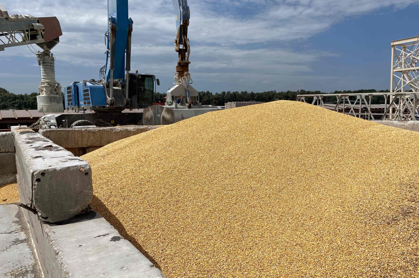 A pile of maize grains on the pier at the Izmail Sea Port, Odesa region, Ukraine, July 22, 2023. (AFP Photo)