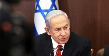 Israeli PM Benjamin Netanyahu attends the weekly cabinet meeting in his office in Jerusalem, July 9, 2023. (EPA Photo)