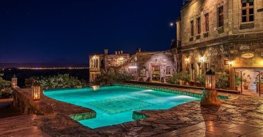 Aerial view of the swimming pool and outdoor structure of Museum Hotel listed as one of the world's 50 most luxurious hotels by Robb Report, Cappadocia, Türkiye, July 24, 2023. (AA Photo)