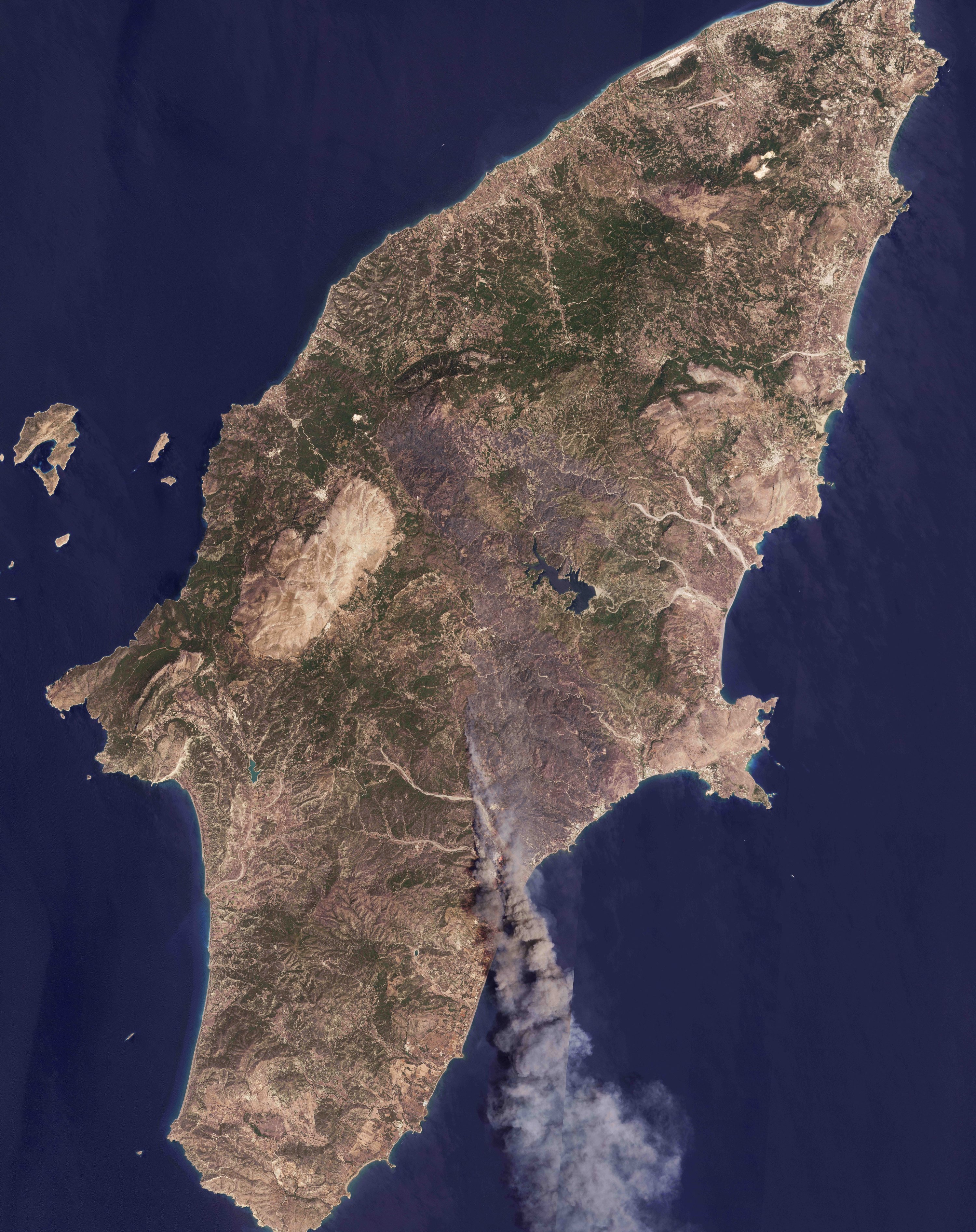 A satellite image from Planet Labs PBC shows the fires burning on the island of Rhodes, Greece, July 24, 2023. (AP Photo)