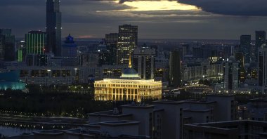 A night view of the capital Astana, formerly name Nur-Sultan, with the Presidential Palace seen in the center, Kazakhstan, Sept. 12, 2022. (AP Photo)