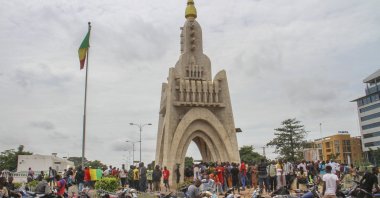 People gather at Place de l'Independence in Bamako, Mali, Aug. 19, 2020. (AP Photo)