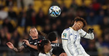 Sarina Bolden (R) of the Philippines in action against Malia Steinmetz (C) of New Zealand during the FIFA Women's World Cup Group A match between New Zealand and the Philippines in Wellington, New Zealand, July 25, 2023. (EPA Photo)