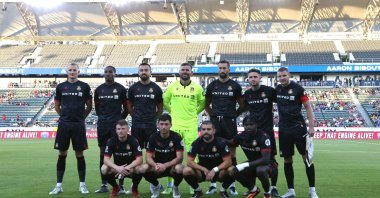 Wrexham players pose for the Starting XI photo ahead of a preseason friendly match against the LA Galaxy II at Dignity Health Sports Park, California, U.S., July 22, 2023. (AFP Photo)