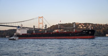 Asl Tia, a cargo vessel carrying Ukrainian grain, sails under Fatih Mehmet Sultan Bridge on the Bosporus toward the Marmara Sea, Istanbul, Türkiye, Nov. 2, 2022. (AFP Photo)