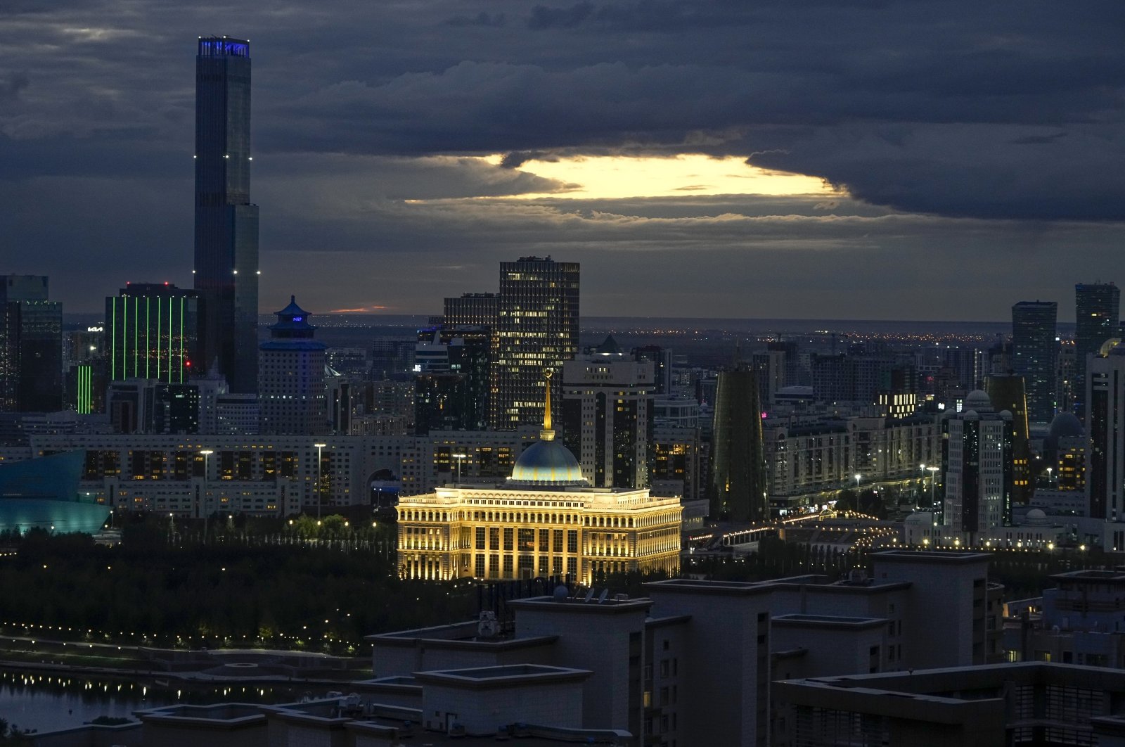 A night view of the capital Astana, formerly name Nur-Sultan, with the Presidential Palace seen in the center, Kazakhstan, Sept. 12, 2022. (AP Photo)