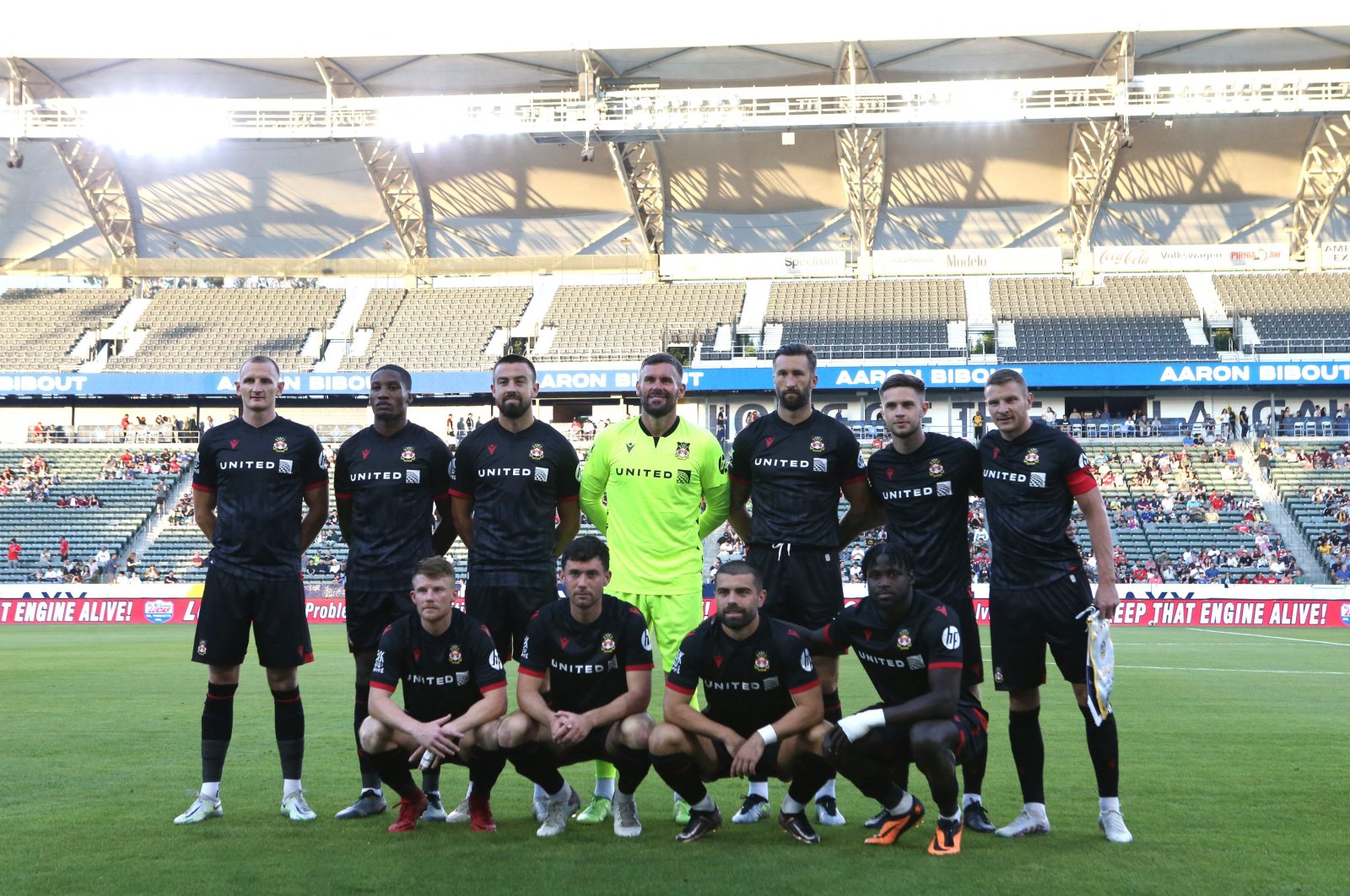 Wrexham players pose for the Starting XI photo ahead of a preseason friendly match against the LA Galaxy II at Dignity Health Sports Park, California, U.S., July 22, 2023. (AFP Photo)