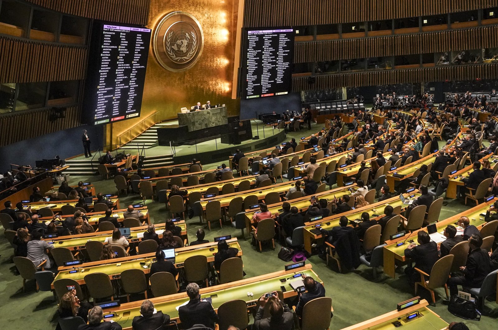 Monitors show the result of a United Nations General Assembly vote for a U.N. resolution upholding Ukraine&#039;s territorial integrity and calling for a cessation of hostilities after Russia&#039;s invasion, Thursday, Feb. 23, 2023 at U.N. headquarters. (AP File Photo)