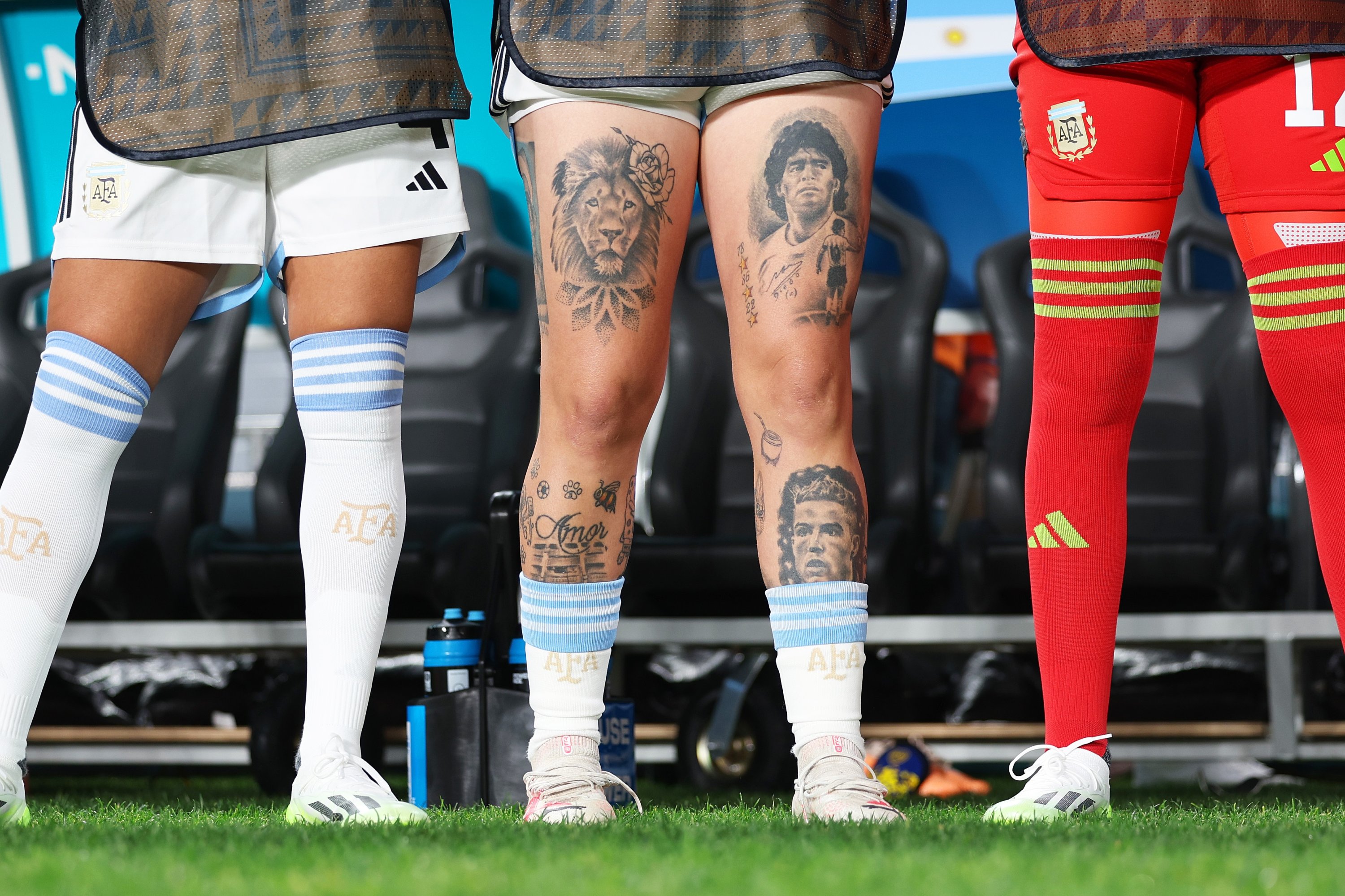 Argentina's Yamila Rodriguez (tattoo details) is seen prior to the FIFA Women's World Cup Australia & New Zealand 2023 Group G match against Italy at Eden Park, Auckland, New Zealand, July 24, 2023. (Getty Images Photo)