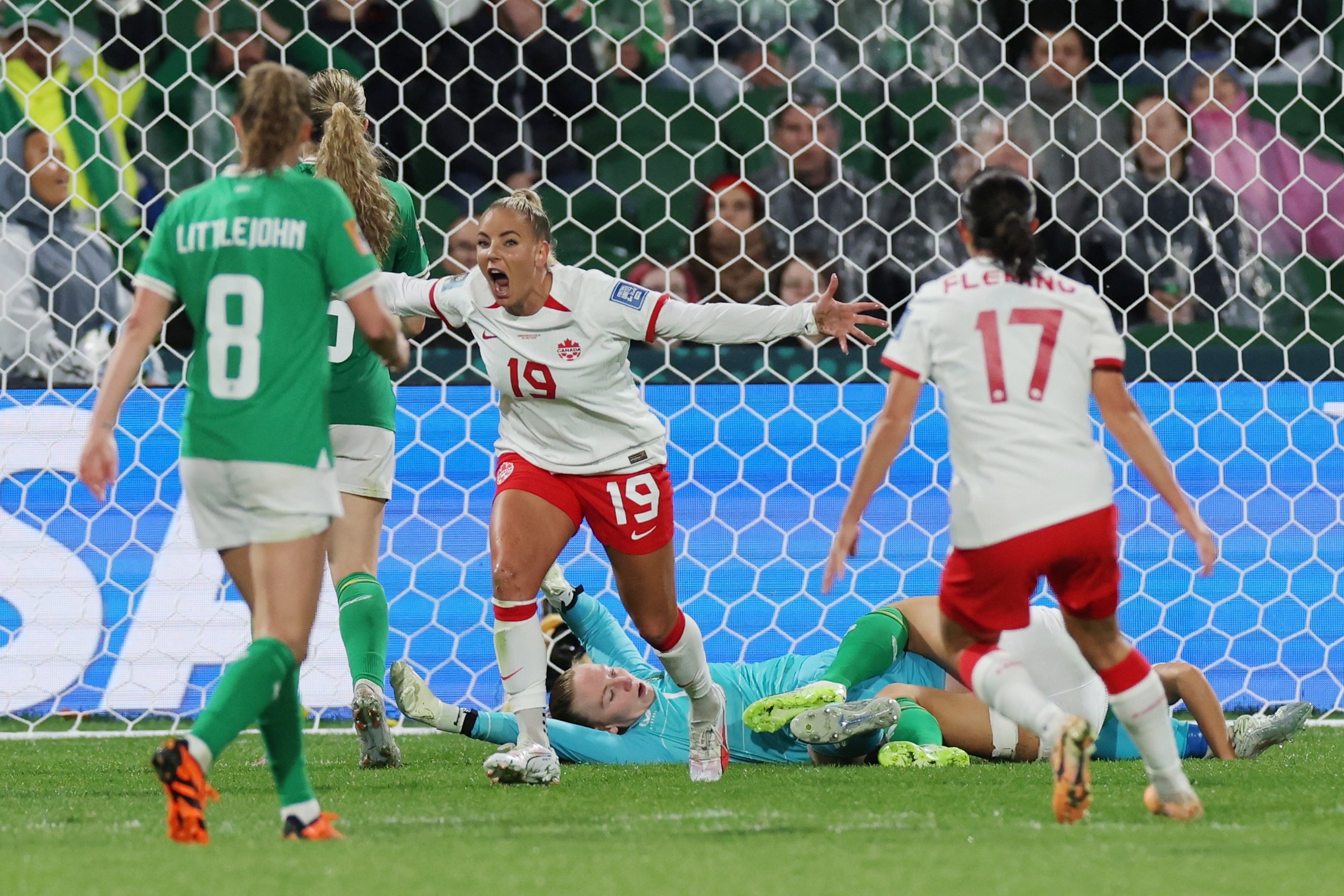 Canada's Adriana Leon (C) celebrates after scoring the 2-1 goal during the match against Ireland, Perth, Australia, July 26, 2023. (EPA Photo)