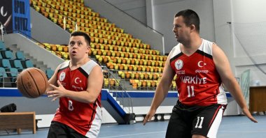 Turkish Down syndrome basketballers train in preparation of the Sports Union for Athletes with Down Syndrome (SUDS) European Championship at the Yenimahalle Sports Complex, Ankara, Türkiye, July 25, 2023. (AA Photo)