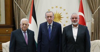 President Recep Tayyip Erdoğan (C) poses with Palestinian President Mahmoud Abbas (L) and Hamas political chief Ismail Haniyeh at the Presidential Complex, in the capital Ankara, Türkiye, July 26, 2023. (AA Photo)