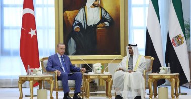 Sheikh Mohammed bin Zayed Al Nahyan, president of the United Arab Emirates, hosts an official reception for President Recep Tayyip Erdoğan, at Qasr Al Watan in Abu Dhabi, United Arab Emirates, July 19, 2023. (IHA Photo)
