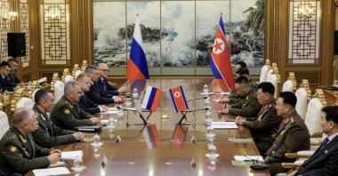 Russian Defense Minister Sergei Shoigu (3-L) attending a meeting with North Korea's Defense Minister General Kang Sun-nam (3-R) in Pyongyang, North Korea, July 26, 2023. (Russian Defense Ministry Handout via EPA)