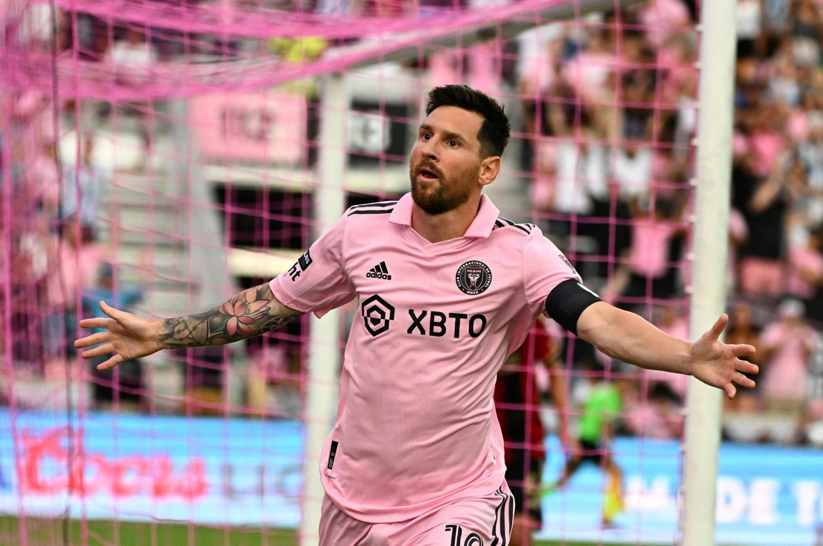 Inter Miami&#039;s forward Lionel Messi celebrates after scoring the team&#039;s first goal during the Leagues Cup football match between Inter Miami CF and Atlanta United FC at DRV PNK Stadium, Florida, U.S., July 25, 2023. (AFP Photo)