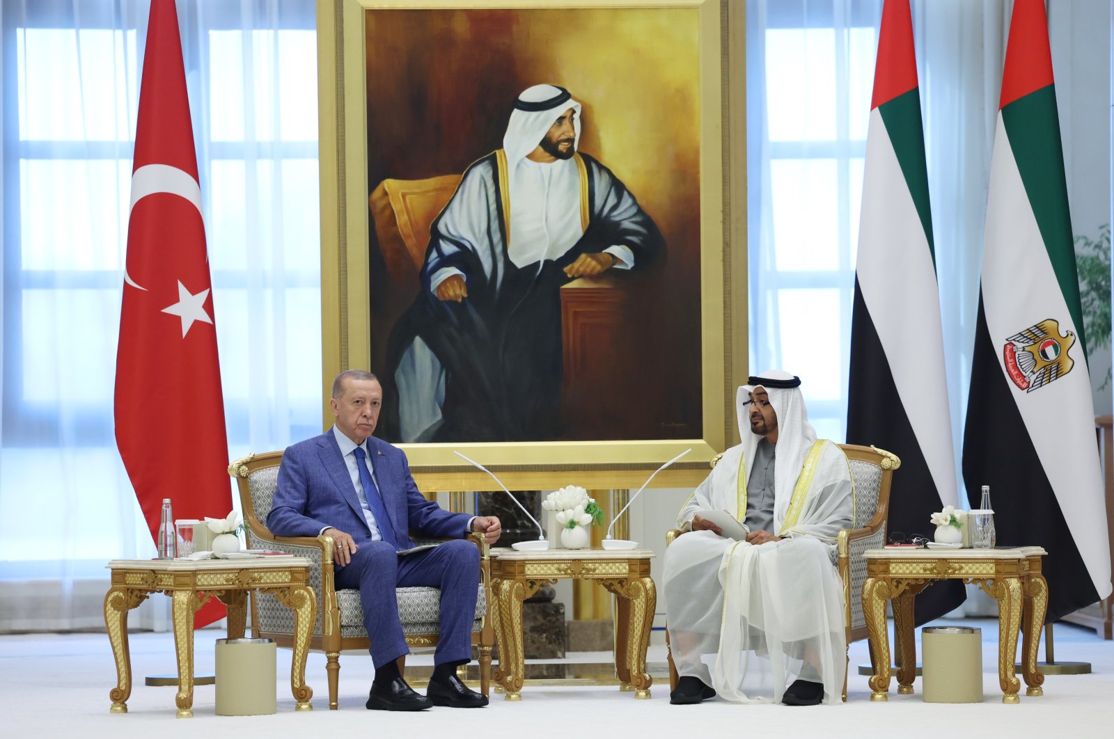 Sheikh Mohammed bin Zayed Al Nahyan, president of the United Arab Emirates, hosts an official reception for President Recep Tayyip Erdoğan, at Qasr Al Watan in Abu Dhabi, United Arab Emirates, July 19, 2023. (IHA Photo)