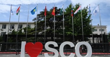 A sign is seen outside the headquarters of the Shanghai Cooperation Organisation (SCO) in Beijing, China, July 4, 2023. (AFP Photo)