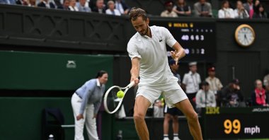 Daniil Medvedev in action during the Wimbledon semifinals against Carlos Alcaraz, London, UK., July 14, 2023. (AA Photo)