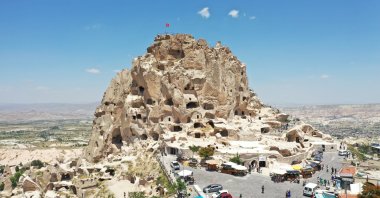 The Uçhisar castle serves as the region&#039;s highest summit in Cappadocia, Türkiye, July 27, 2023. (IHA Photo)