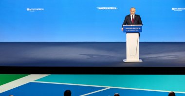 Russia's President Vladimir Putin addressing the plenary session of the Second Summit Economic and Humanitarian Forum "Russia-Africa" in St.Petersburg, Russia, 27 July 2023. (EPA/Yegor Aleyev / TASS Host Photo Agency)