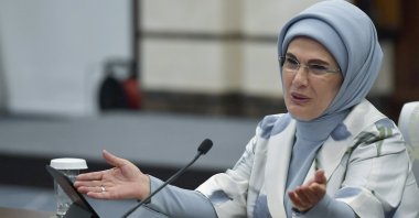 Emine Erdoğan is seen addressing the first meeting of United Nations Zero Waste Advisory Board, Ankara, Türkiye, July 27, 2023. (AA Photo)