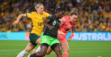 Nigeria's Asisat Oshoala (C) scores her team's third goal during the Women's World Cup match against Australia at Brisbane Stadium, Brisbane, Australia, July 27, 2023. (Getty Images Photo)