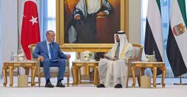 President Recep Tayyip Erdoğan (L) meets with United Arab Emirates President Sheikh Mohamed bin Zayed Al Nahyan in Abu Dhabi, UAE, July 18, 2023. (AFP Photo)