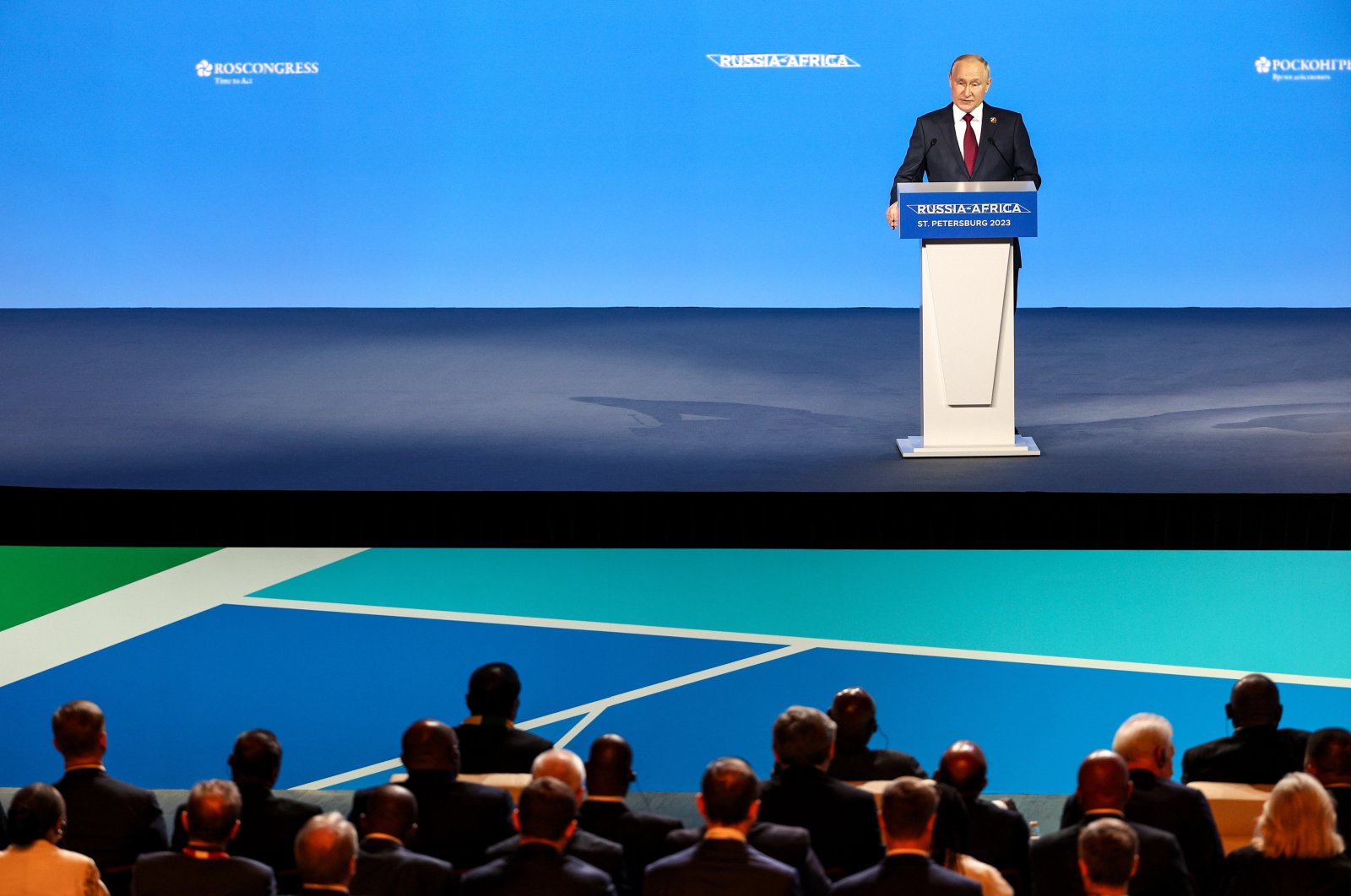 Russia&#039;s President Vladimir Putin addressing the plenary session of the Second Summit Economic and Humanitarian Forum &quot;Russia-Africa&quot; in St.Petersburg, Russia, 27 July 2023. (EPA/Yegor Aleyev / TASS Host Photo Agency)