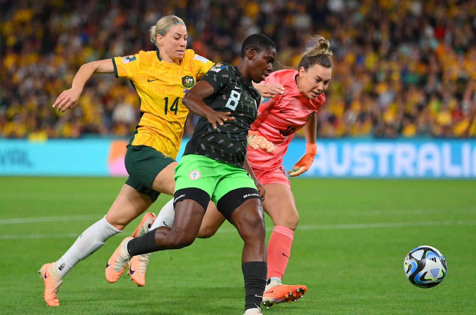 Nigeria&#039;s Asisat Oshoala (C) scores her team&#039;s third goal during the Women&#039;s World Cup match against Australia at Brisbane Stadium, Brisbane, Australia, July 27, 2023. (Getty Images Photo)