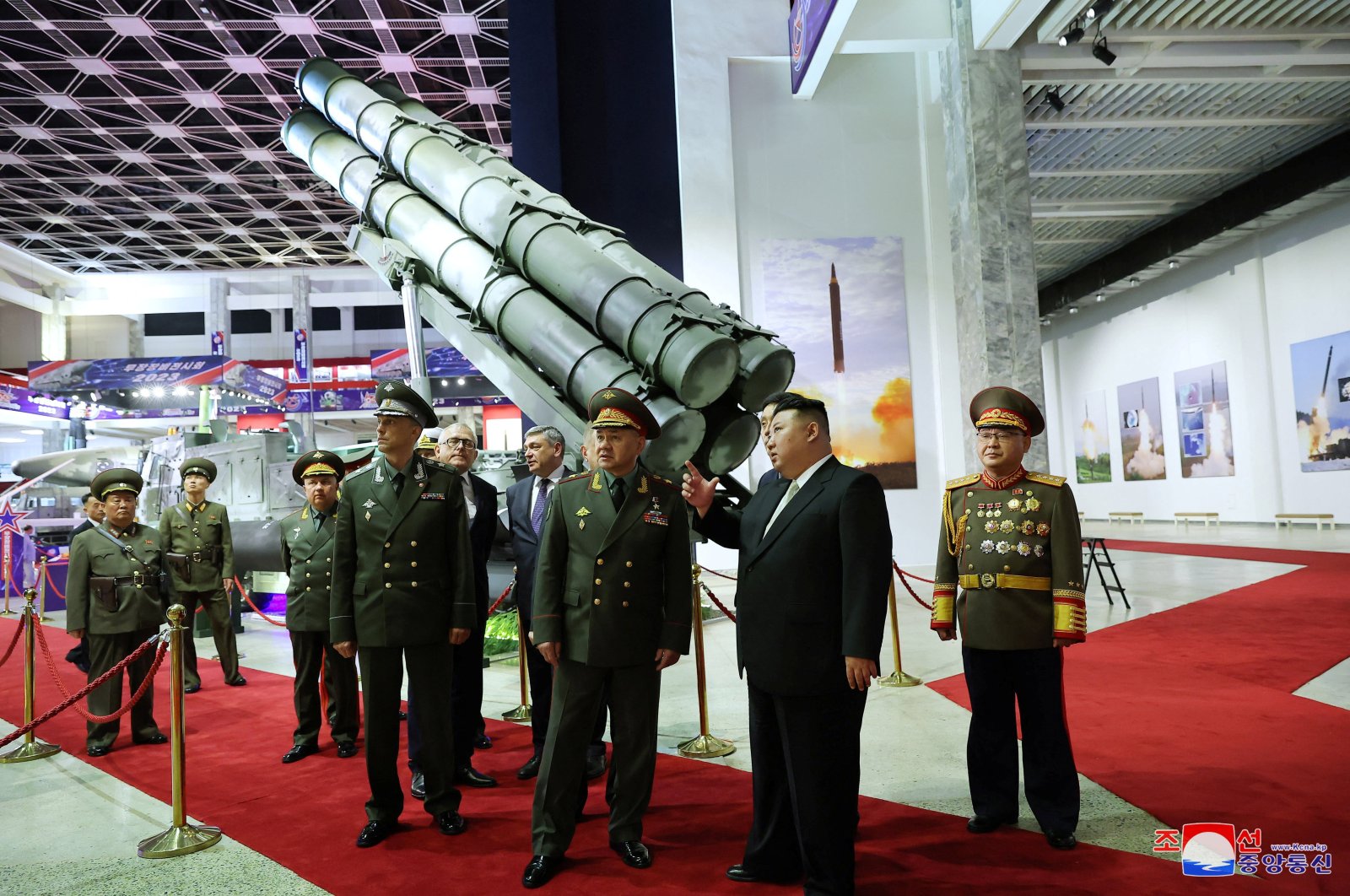 North Korean leader Kim Jong Un and Russia&#039;s Defense Minister Sergei Shoigu visit an exhibition of armed equipment on the occasion of the 70th anniversary of the Korean War armistice, North Korea, July 27, 2023. (KCNA Photo) 