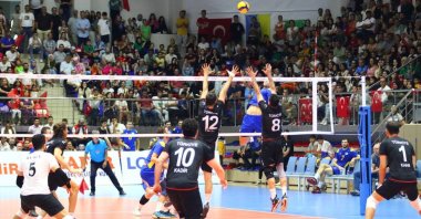 Turkish deaf men&#039;s volleyball national team in action during the 11th European Volleyball Championship final match against Ukraine, Karabük, Türkiye, July 22, 2023. (IHA Photo)