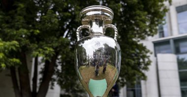 UEFA Euro Trophy is seen prior the German Chancellor Olaf Scholz (not seen) receives the delegation ahead of Germany's hosting the UEFA Euro 2024 football championship at the Chancellery, Berlin, Germany, June 14, 2023. (Getty Images Photo)