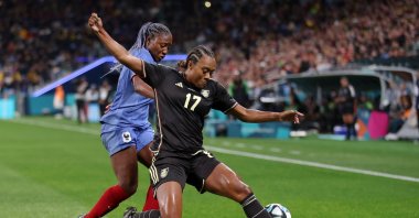 Jamaica's Allyson Swaby (R) and France's Kadidiatou Diani vie for the ball during the FIFA Women's World Cup Australia &amp; New Zealand 2023 Group F match between France and Jamaica at Sydney Football Stadium, Sydney, Australia, July 23, 2023. (Getty Images Photo)