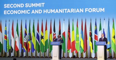 Russian President Vladimir Putin and Comoros President and the Chairperson of the African Union Azali Assoumani deliver a joint media statement at the second Russia-Africa summit in St. Petersburg, Russia, July 28, 2023. (TASS Host Photo Agency via AFP)