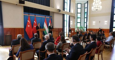 Foreign Minister Hakan Fidan, Hungarian counterpart Peter Szijjarto hold joint news conference in Budapest, July 28, 2023. (AA Photo)