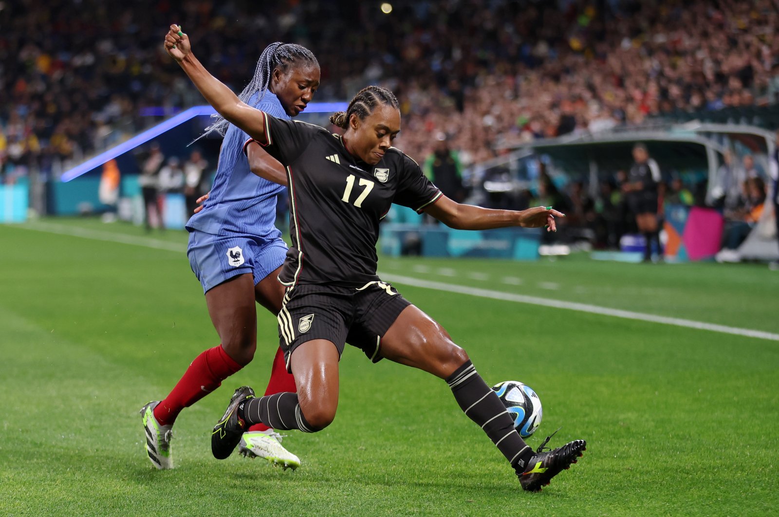 Jamaica&#039;s Allyson Swaby (R) and France&#039;s Kadidiatou Diani vie for the ball during the FIFA Women&#039;s World Cup Australia &amp; New Zealand 2023 Group F match between France and Jamaica at Sydney Football Stadium, Sydney, Australia, July 23, 2023. (Getty Images Photo)