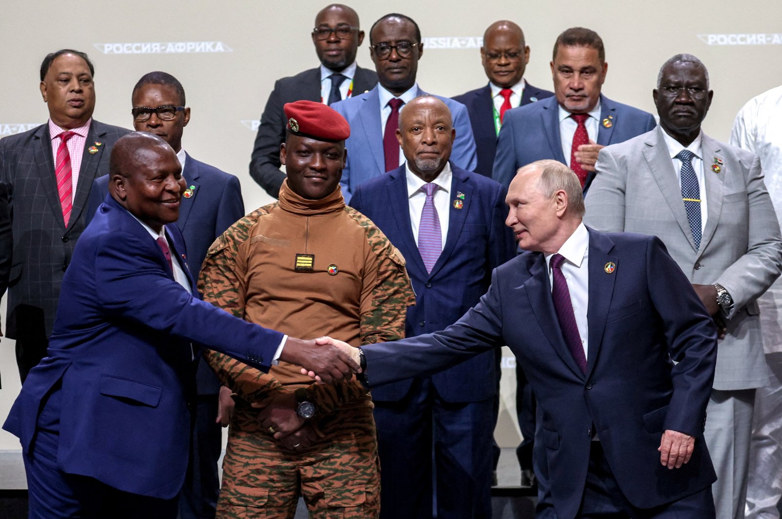 Russian President Vladimir Putin and participants of the Russia-Africa summit pose for a photo in Saint Petersburg, Russia, July 28, 2023. (TASS Host Photo Agency via Reuters )