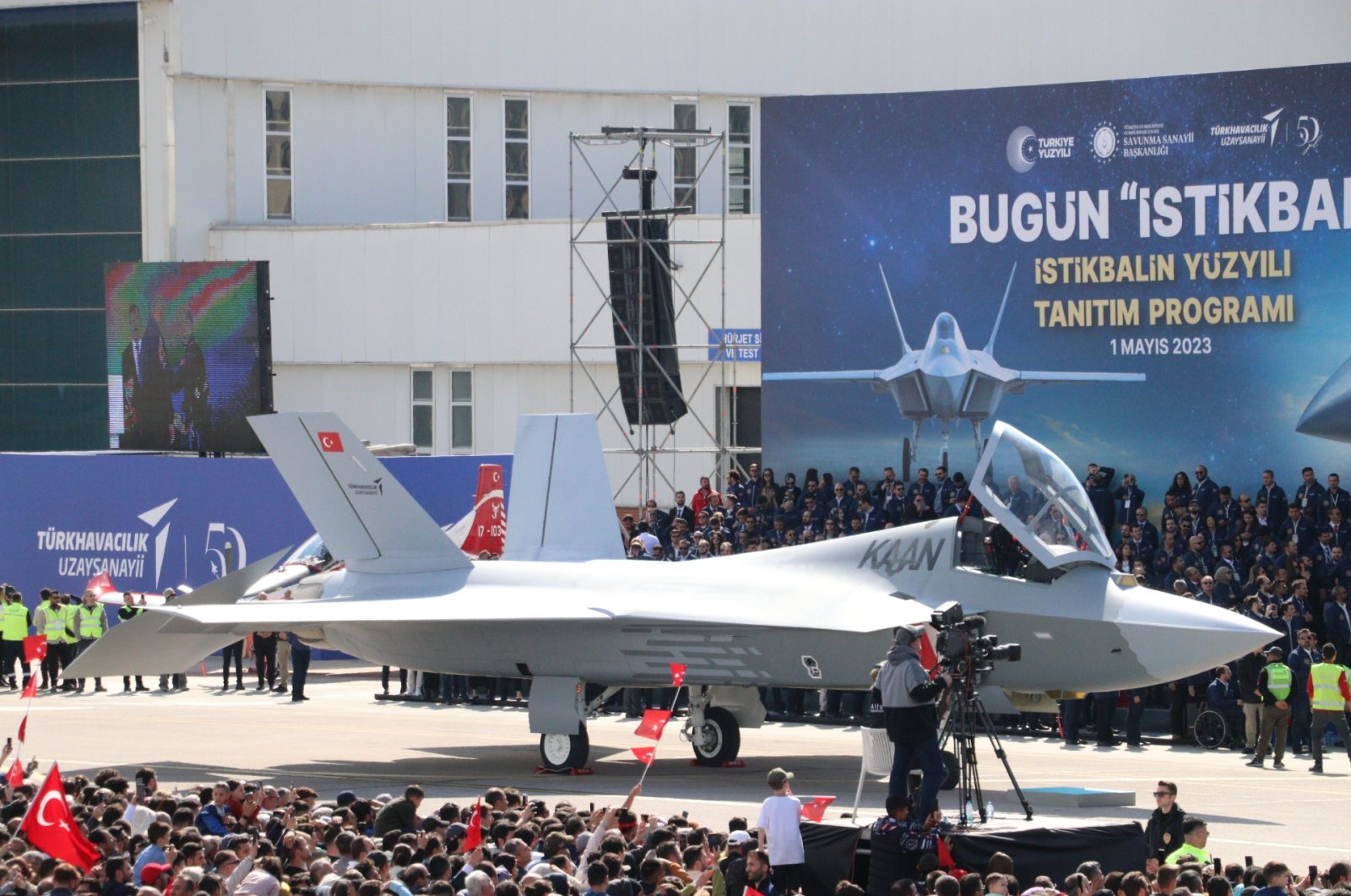 Fighter jet Kaan is seen at the &quot;Century of the Future&quot; event at the Turkish Aerospace Industries (TAI) headquarters in the Kahramankazan district of Ankara, Türkiye, May 1, 2023