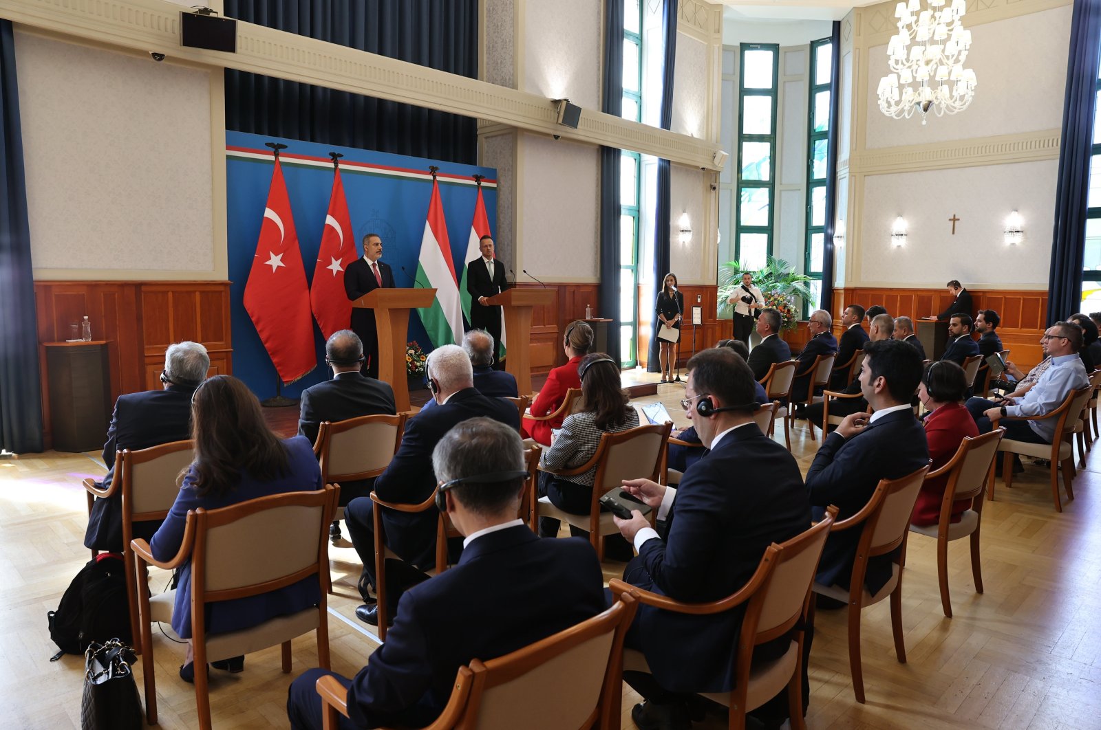 Foreign Minister Hakan Fidan, Hungarian counterpart Peter Szijjarto hold joint news conference in Budapest, July 28, 2023. (AA Photo)