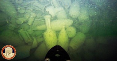 A view of amphorae found by Carabinieri Command for the Protection of Cultural Heritage in a wreck of an ancient Roman cargo ship at the bottom of the sea in Civitavecchia, near Rome, Italy, July 25, 2023. (Carabinieri/Handout via Reuters)