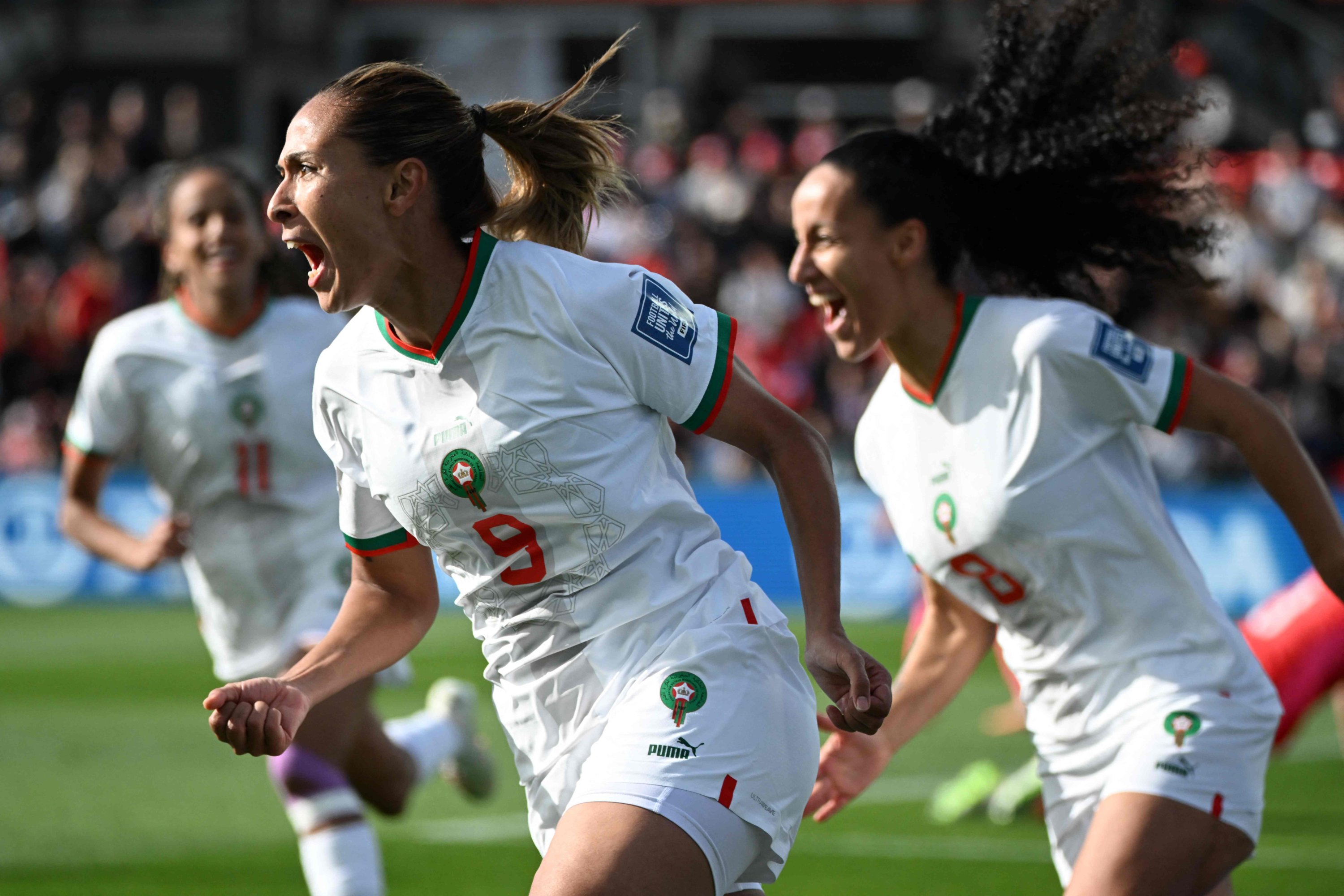 Morocco players celebrate a goal against South Korea in the 2023 Women's World Cup in Adelaide, Australia, July 30, 2023. (AFP Photo)