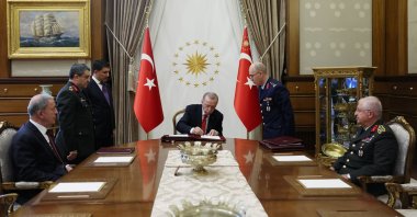 President Recep Tayyip Erdoğan signs the decisions of the Supreme Military Council (YAŞ) in the capital Ankara, Türkiye, Aug. 12, 2022 (AA Photo)