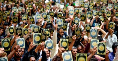 Shiite Muslims make anti-Sweden slogans as they protest against the burning of the Koran outside a Stockholm mosque that outraged Muslims around the world during a procession on the 10th day of Ashura in the Islamic month of Muharram, Karachi, Pakistan, July 29, 2023. (AFP Photo)